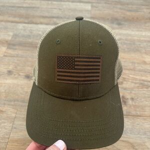 Patriotic Olive Green Trucker Hat with Flag Patch